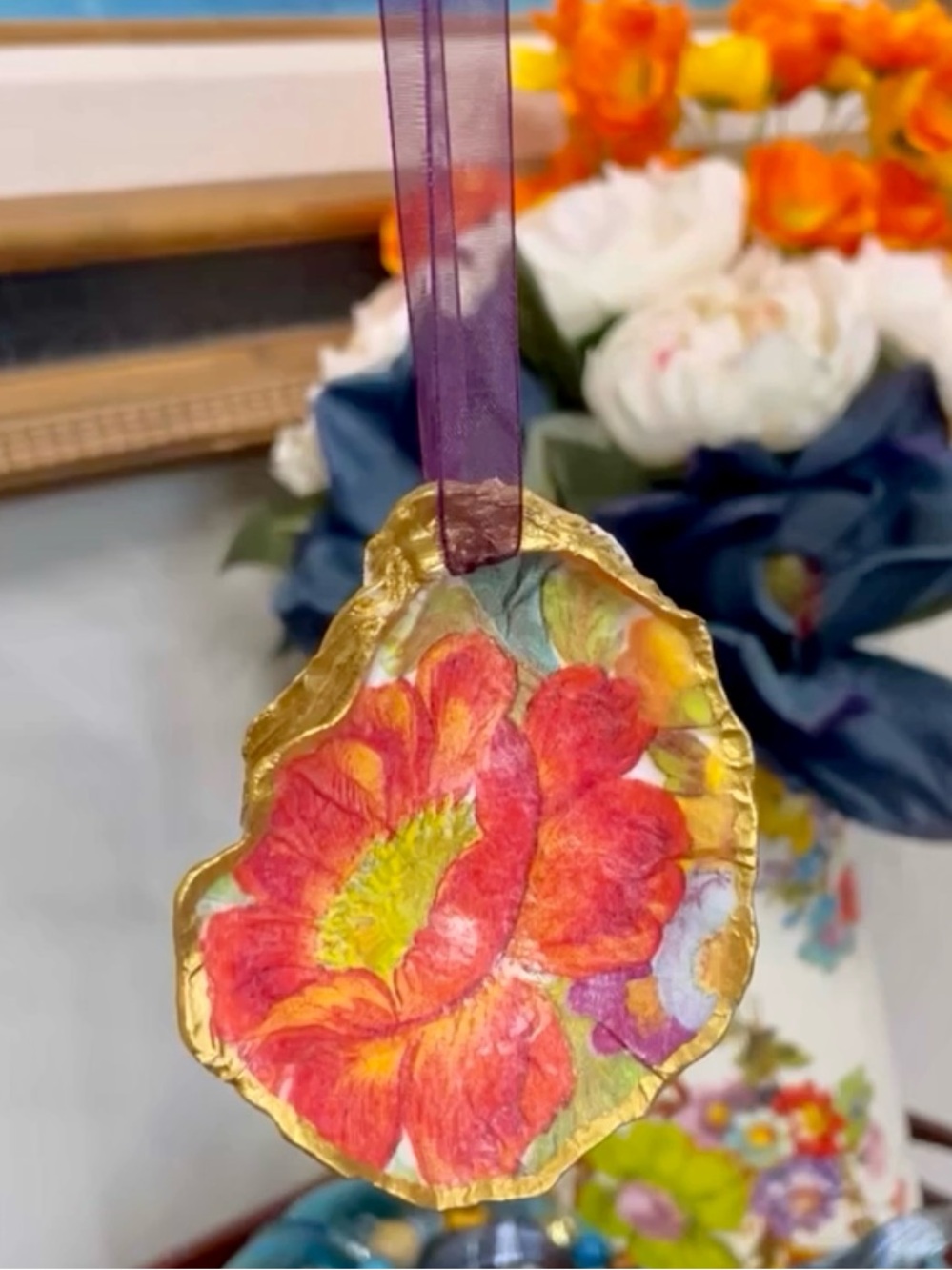 Hand Crafted Orange Flower Market Oyster Shell Ornament 4.5”